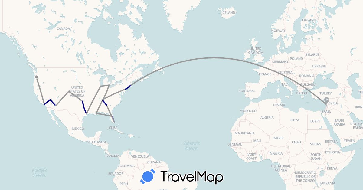 TravelMap itinerary: driving, plane in France, Lebanon, United States (Asia, Europe, North America)